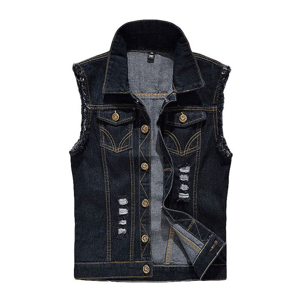 Men Cotton Buttoned Ripped Denim Vests