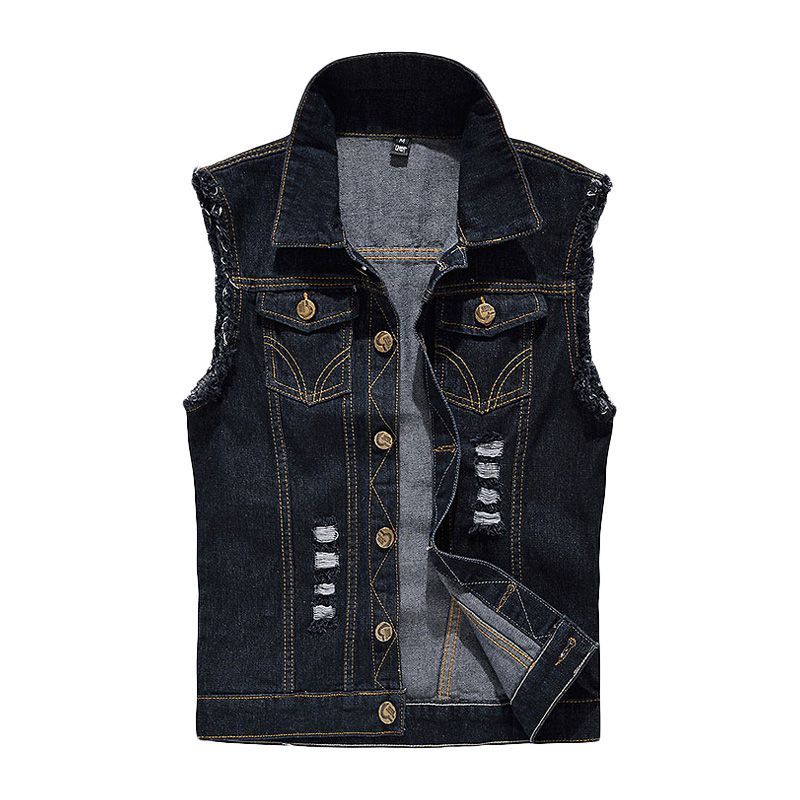 Men Cotton Buttoned Ripped Denim Vests