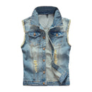 Men Cotton Ripped Denim Sleeveless Jackets