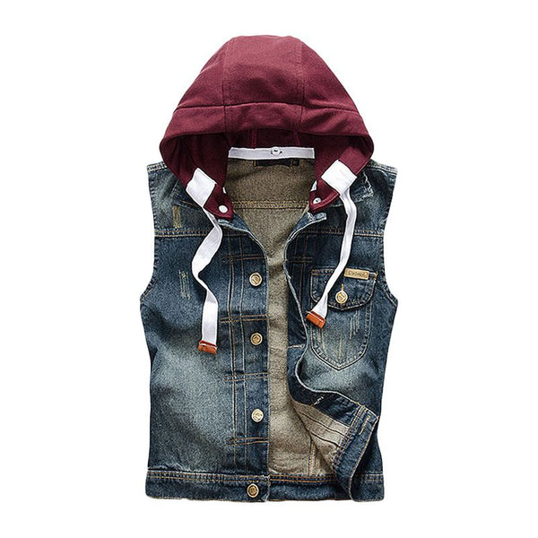 Men Detachable Cap Denim Sleeveless Jackets