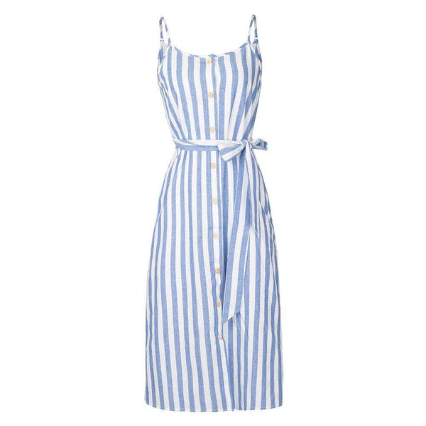 Women Casual Buttoned Design Stripes Print Spaghetti Strap Midi Dress