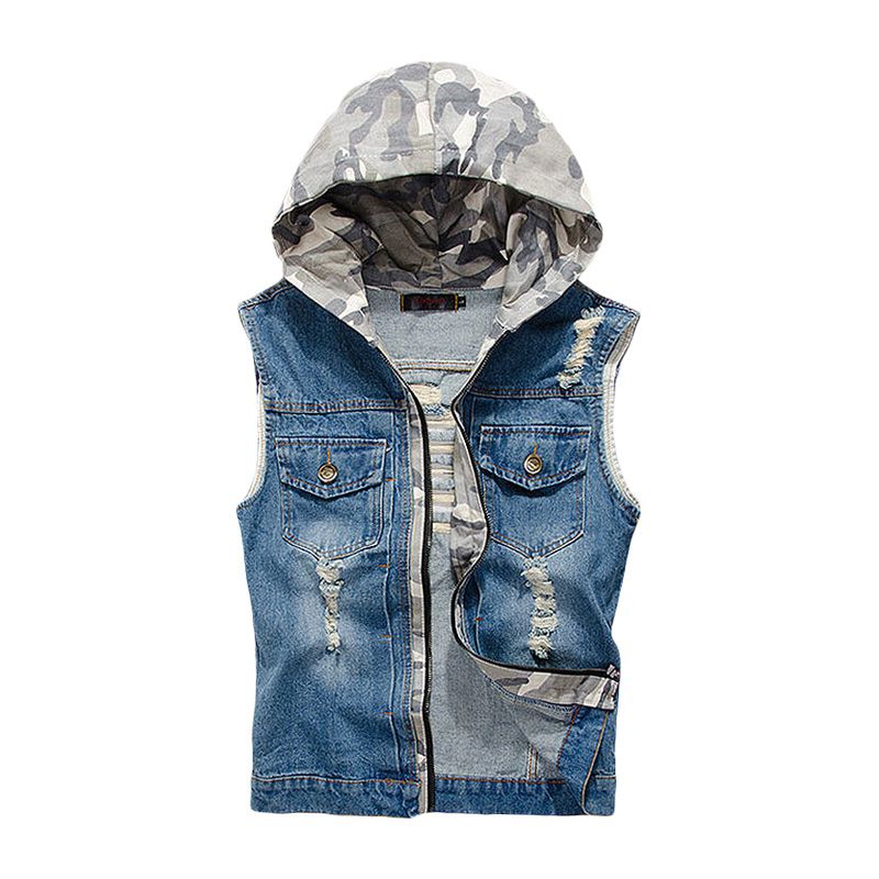 Men Camouflage Print Hooded Ripped Denim Vests