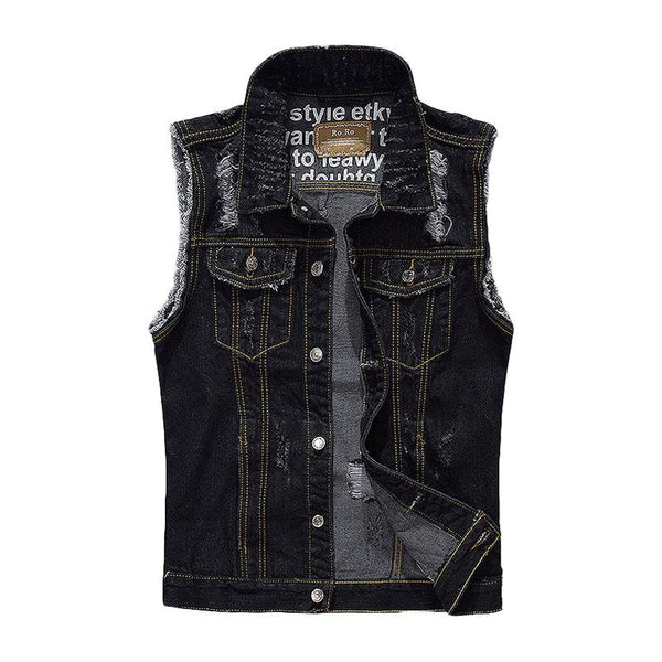 Men Black Personality Ripped Denim Vests