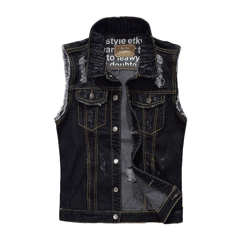 Men Black Personality Ripped Denim Vests
