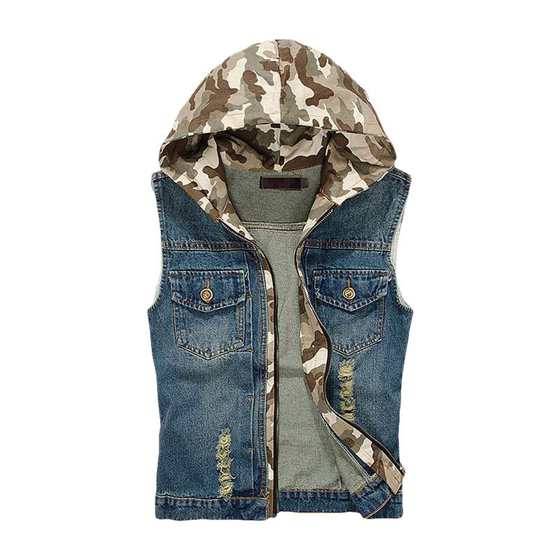 Men Hooded Camouflage Print Denim Vests