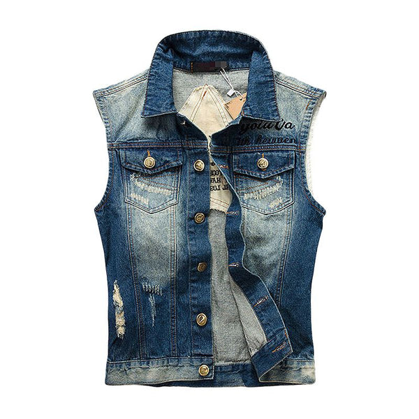 Men Back Ripped Letters Print Denim Vests