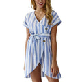 Asymmetric Buttoned Design Women Short-sleeve Striped Casual Dress