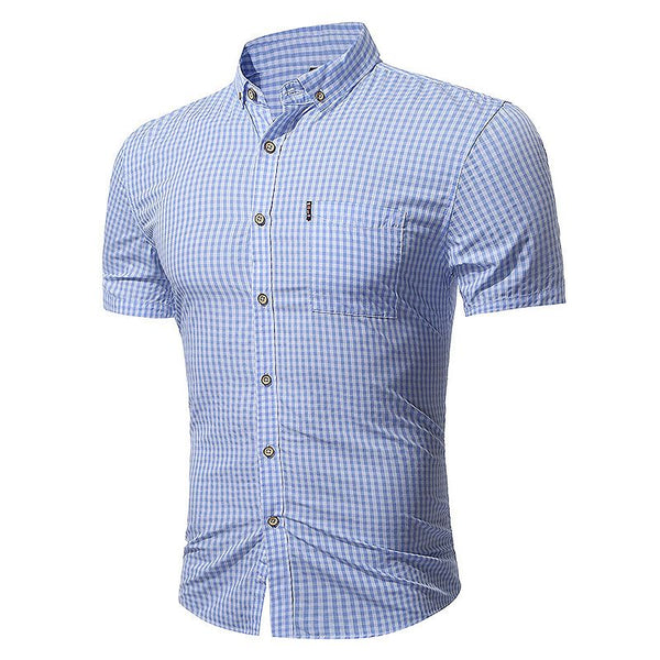 Men Simple Tiny Checkered Print Short Sleeves Shirt