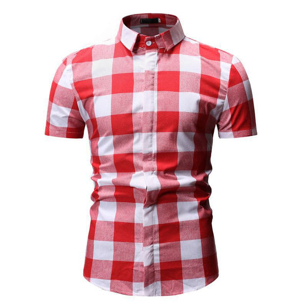 Men Casual Fashion Plaid Print Short Sleeves Shirt