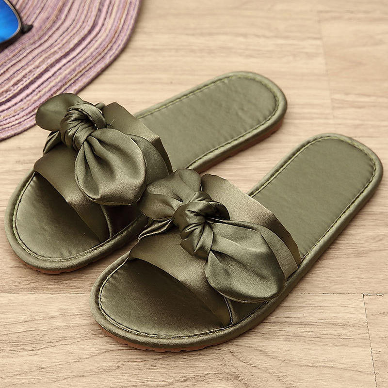 Bowknot Pattern Satin Fabric Indoor Flat Slippers Shoes