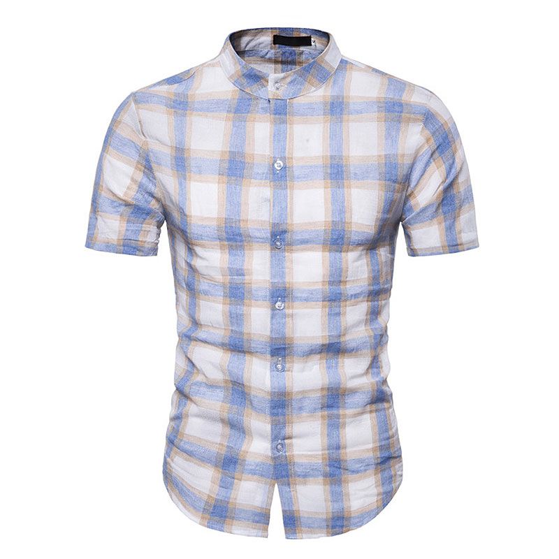 Men Plaid Print Stand Collar Short Sleeves Shirt