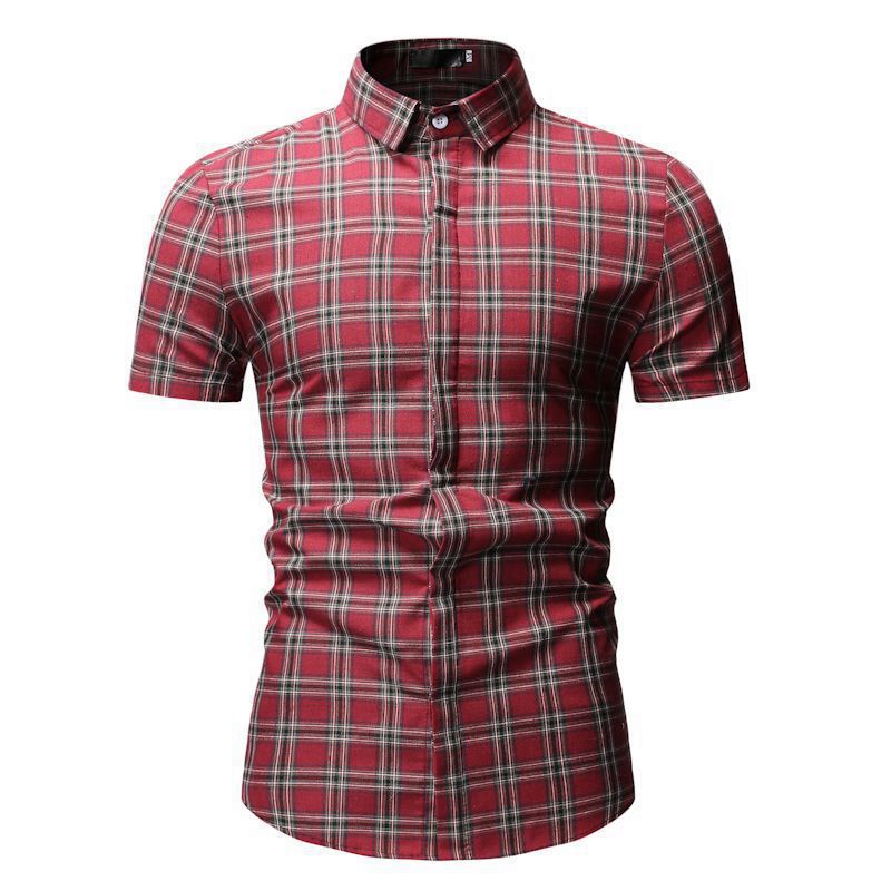 Men Plaid Print Lapel Short Sleeves Shirt