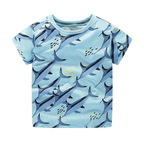 Boys Shark Print Round Collar T-shirt