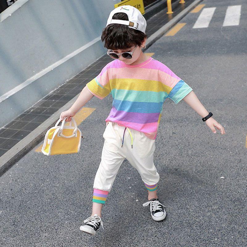 2 Pcs Boys Rainbow Striped Print Tops And Lace-up Pants Set