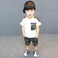 2 Pcs Boys Pocket Camouflage Print Tops And Shorts Set