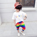 2 Pcs Boys Letters Print Tees And Rainbow Striped Print Pants