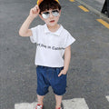 2 Pcs Boys Shark Print Short Sleeves And Denim Shorts