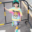 2 Pcs Boys Cartoon Dog Print Tees And Denim Ripped Shorts