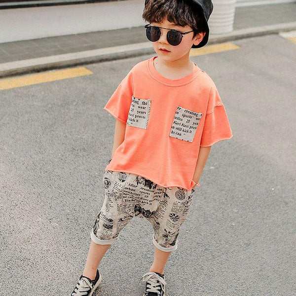 2 Pcs Boys Fashion Cartoon Person Print Tops And Shorts Set