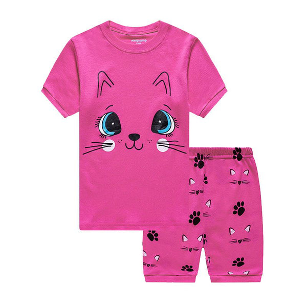 2 Pcs Girls Cartoon Eyes Print Short Sleeves And Shorts Pajamas Suit