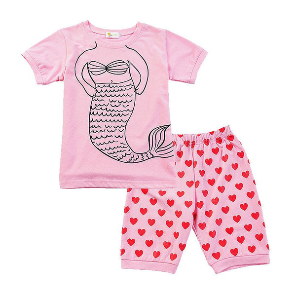 2 Pcs Girls Mermaid Print Tops And Love Heart Print Shorts Pajamas Suit