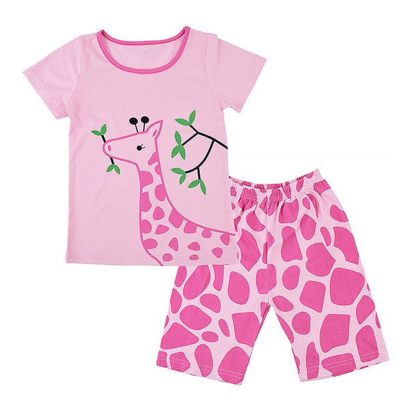 2 Pcs Girls Giraffe Print Short Sleeves And Shorts Sleepwear Suit