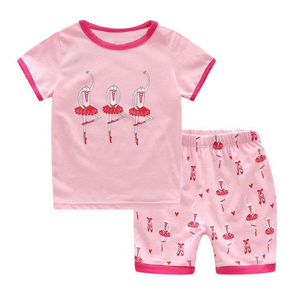 2 Pcs Kids Ballet Girls Print Tops And Elastic Waist Shorts Sleepwear Suit