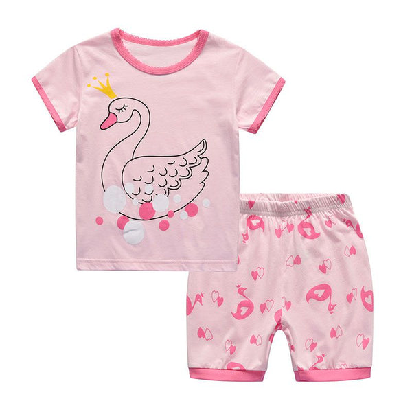 2 Pcs Girls Swan Print Short Sleeves And Shorts Sleepwear Suit