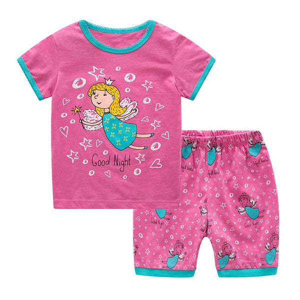 2 Pcs Girls Cartoon Fairy Print Tops And Shorts Sleepwear Suit