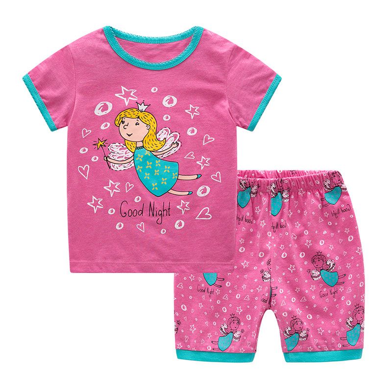 2 Pcs Girls Cartoon Fairy Print Tops And Shorts Sleepwear Suit