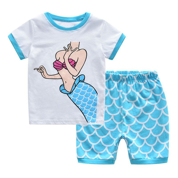 2 Pcs Girls Mermaid Print Tops And Scale Print Shorts Sleepwear Suit