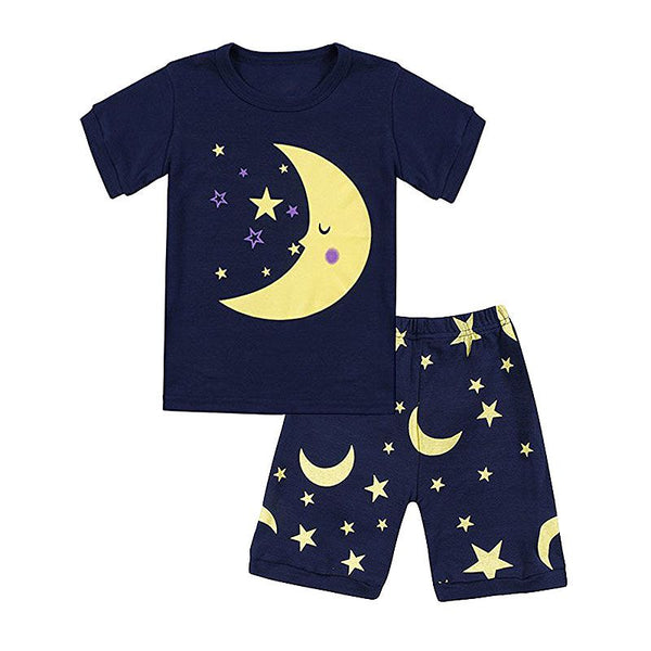 2 Pcs Kids Cartoon Moon Pattern Tops And Shorts Sleepwear Suit