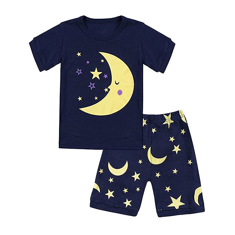 2 Pcs Kids Cartoon Moon Pattern Tops And Shorts Sleepwear Suit