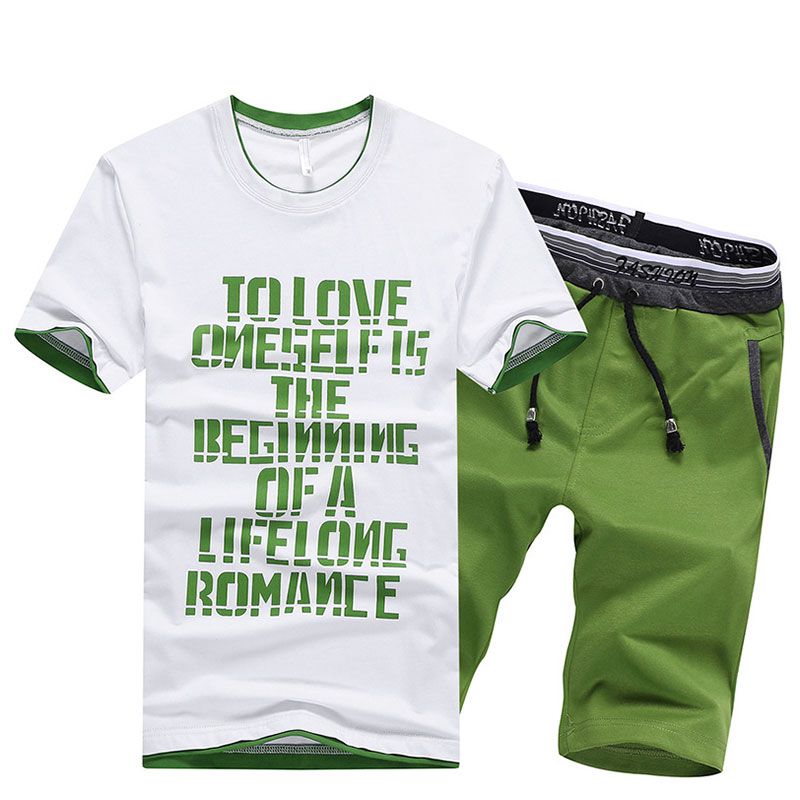 2 Pcs Men Letters Print Short Sleeves T-shirts And Drawstring Shorts Sports Suit