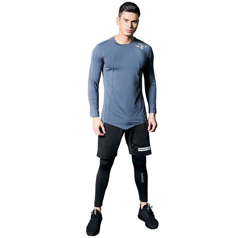 3 Pcs Men Fashion Shark Print Long Sleeves Tops And Shorts And Pants Fitness Set