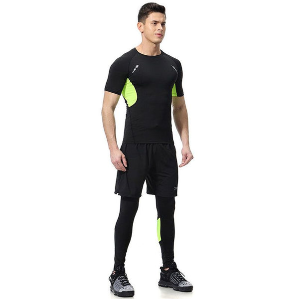 3 Pcs Men Neon Color Short Sleeves And Shorts And Pants Fitness Set