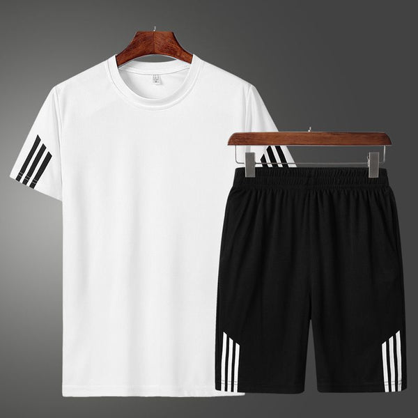 2 Pcs Men Striped Print Tees And Shorts Breathable Sports Suit