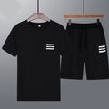 2 Pcs Men Polyester Striped Print Short Sleeves And Shorts