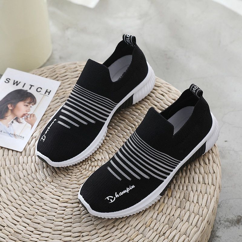 Mesh Upper Stripe Pattern Slip On Trainers Shoes