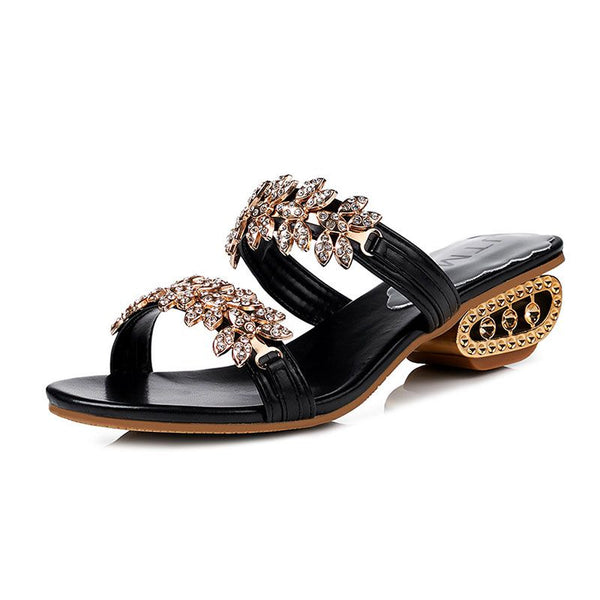 Leaves Pattern Rhinestone Metal Block Heels Slippers Shoes