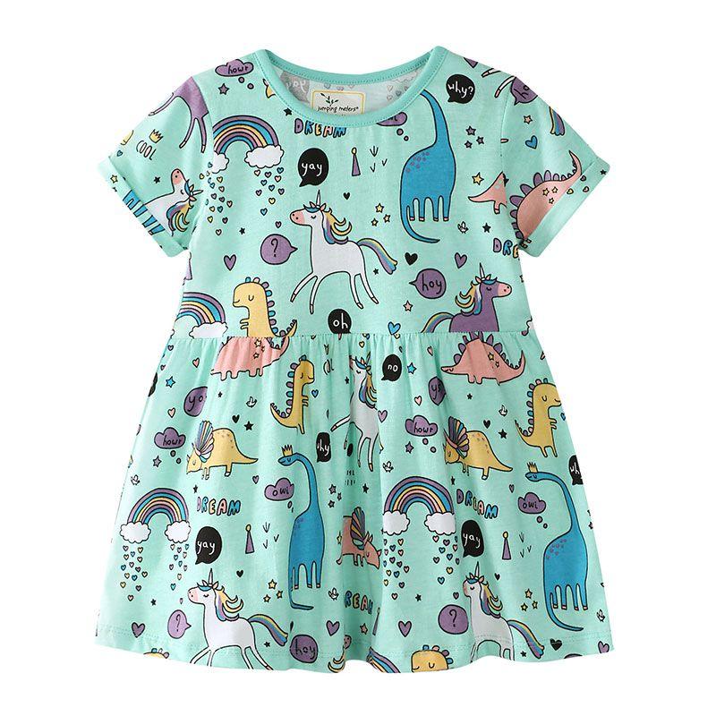 Girls Cotton Cartoon Animal Print Short Sleeves Dress