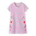 Girls Striped Print Flamingo Embroidered Dress