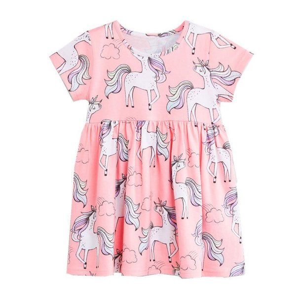 Girls Cotton Unicorn Print Short Sleeves Dress