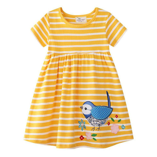 Girls Striped Print Birds Embroidered Dress