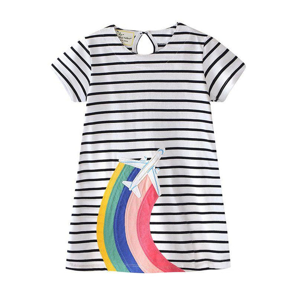 Girl Striped Style Airplane Embroidered Dress