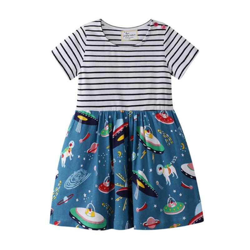 Girls Short Sleeves Striped Print Patchwork Dress