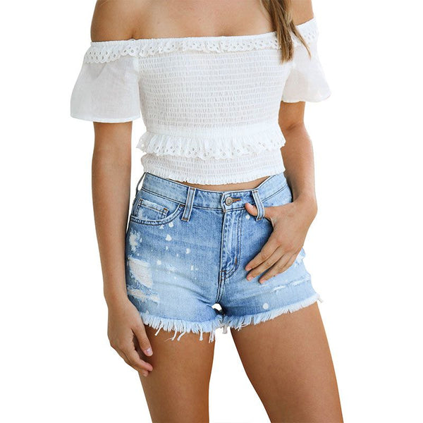 Hot Sale Women High Quality Raw Hem Ripped Denim Shorts