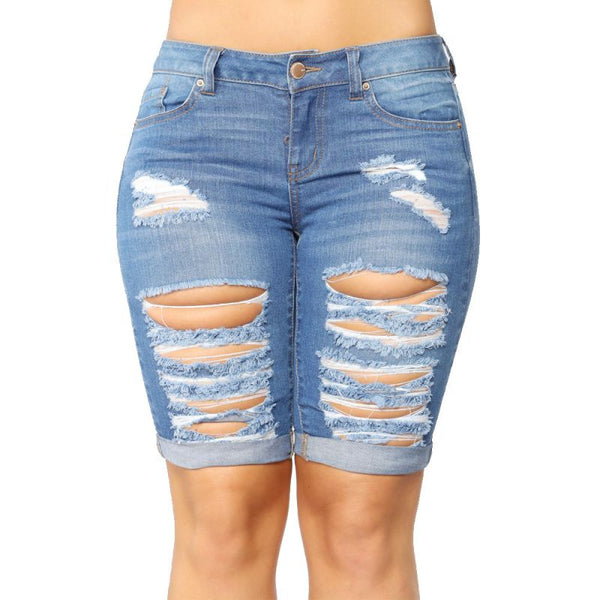 Hot Sale Women Stretchy Ripped Turnup Denim Pirate Shorts