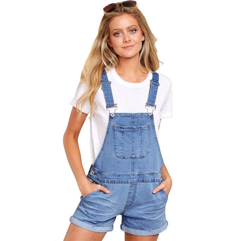 Hemline Turnup Design Women Fashion Casual Denim Overalls Suspender Shorts