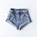 Fashion High-waisted Solid Color Turn Up Loose Pattern Denim Shorts